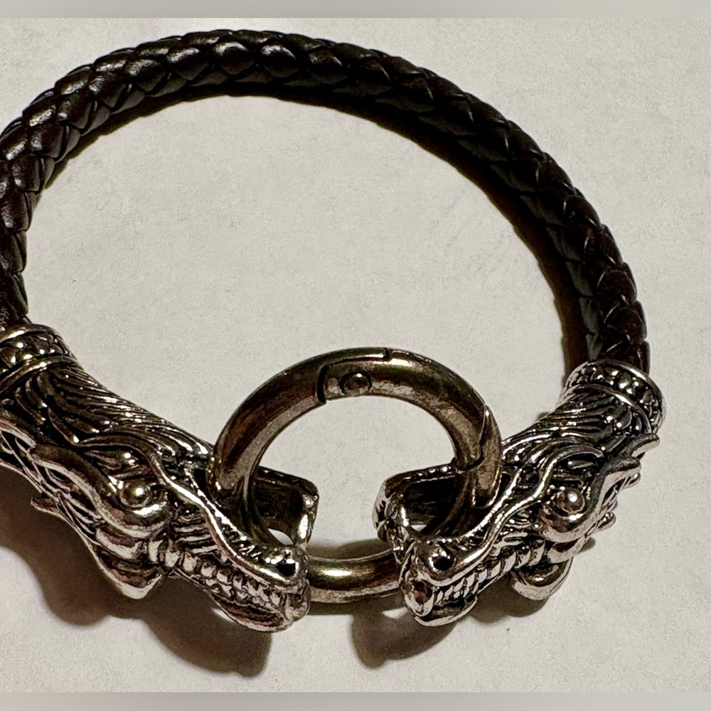 Silver Plated and Dark Brown Leather Dragon Head Key